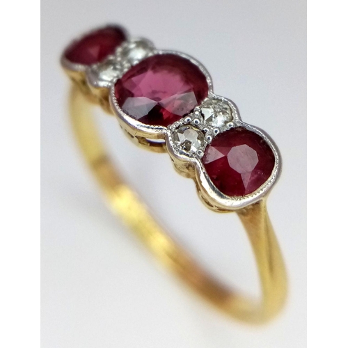 221 - AN 18K YELLOW GOLD AND PLATINUM VINTAGE DIAMOND & RUBY RING. 2.1G. SIZE O. JR19N.