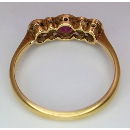 221 - AN 18K YELLOW GOLD AND PLATINUM VINTAGE DIAMOND & RUBY RING. 2.1G. SIZE O. JR19N.