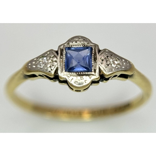 235 - A VINTAGE  18K YELLOW GOLD,  PLATINUM DIAMOND AND SAPPHIRE RING. 2G. SIZE M. A/S SC12