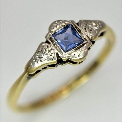 235 - A VINTAGE  18K YELLOW GOLD,  PLATINUM DIAMOND AND SAPPHIRE RING. 2G. SIZE M. A/S SC12