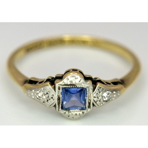235 - A VINTAGE  18K YELLOW GOLD,  PLATINUM DIAMOND AND SAPPHIRE RING. 2G. SIZE M. A/S SC12