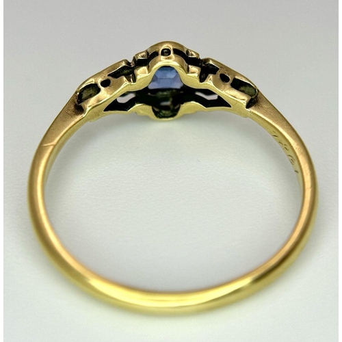 235 - A VINTAGE  18K YELLOW GOLD,  PLATINUM DIAMOND AND SAPPHIRE RING. 2G. SIZE M. A/S SC12