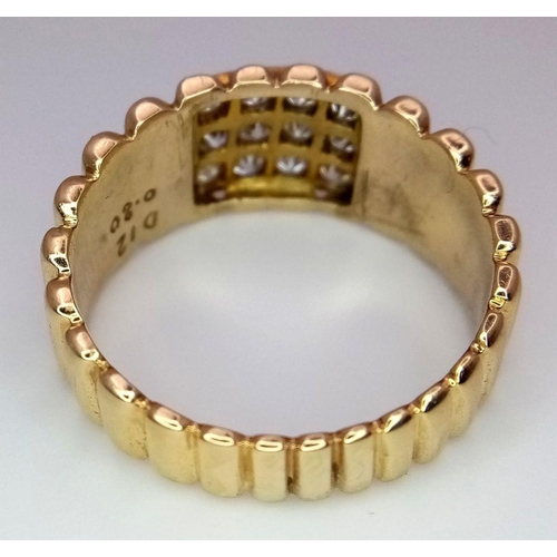 26 - AN 18K YELLOW GOLD, ROLEX STYLE, TWELVE DIAMOND RING - 0.80CTW. 9.1G. SIZE U. GW 3003.