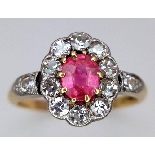 47 - A VINTAGE 18K YELLOW GOLD, PLATINUM DIAMOND & RUBY RING. 0.40CTW. PLUS 0.50CT OVAL RUBY. 2.6G. SIZE ... 