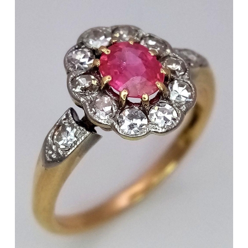 47 - A VINTAGE 18K YELLOW GOLD, PLATINUM DIAMOND & RUBY RING. 0.40CTW. PLUS 0.50CT OVAL RUBY. 2.6G. SIZE ... 