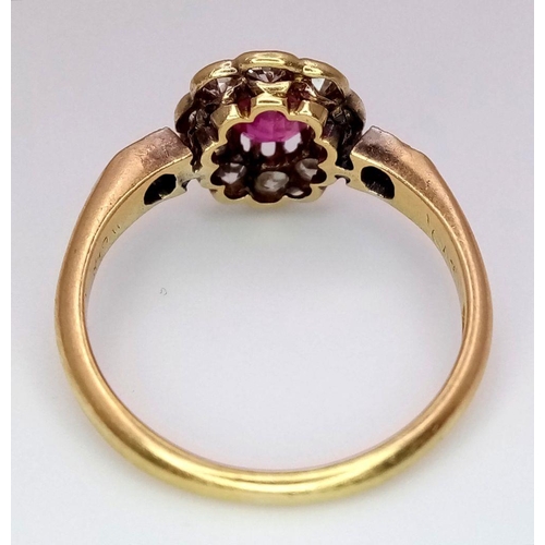 47 - A VINTAGE 18K YELLOW GOLD, PLATINUM DIAMOND & RUBY RING. 0.40CTW. PLUS 0.50CT OVAL RUBY. 2.6G. SIZE ... 