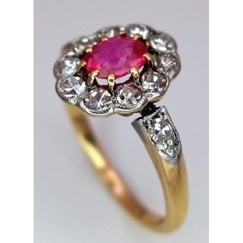 47 - A VINTAGE 18K YELLOW GOLD, PLATINUM DIAMOND & RUBY RING. 0.40CTW. PLUS 0.50CT OVAL RUBY. 2.6G. SIZE ... 