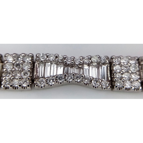 5 - AN 18K WHITE GOLD AND DIAMOND FANCY TENNIS BRACELET. BOW TIE BAGUETTE DIAMOND SHAPES WITH ROUND CUT ... 