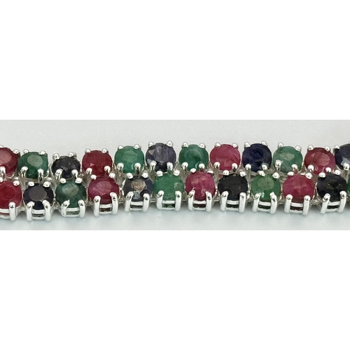 611 - A Ruby, Emerald and Sapphire Tennis Necklace - Set in 925 Silver. 45cm length. CD-1495