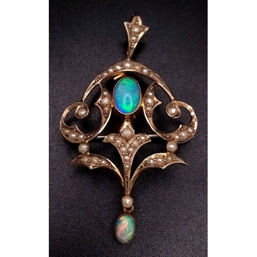 29 - A Beautiful Antique Victorian 9K Gold Opal and Seed Pearl Pendant/Brooch. Two colour-play opal caboc... 