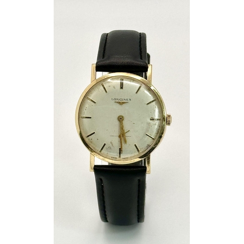 127 - A Vintage 9K Gold Cased Longine Gents Watch. New black leather strap. 9k gold case - 32mm. Recently ... 