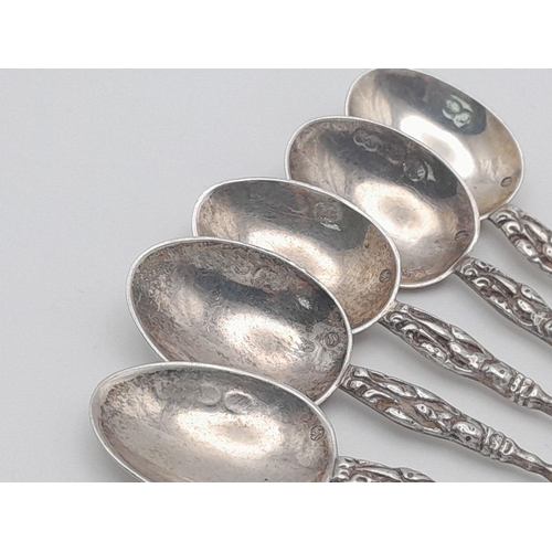 1673 - Six Antique Sterling Silver Teaspoons. Ornate figure decoration. Multiple hallmarks including London... 