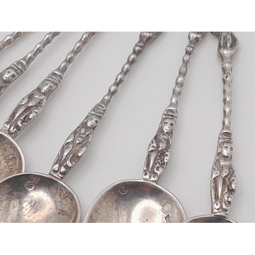 1673 - Six Antique Sterling Silver Teaspoons. Ornate figure decoration. Multiple hallmarks including London... 