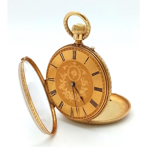 58 - AN 18K GOLD ANTIQUE LADIES POCKET WATCH WITH HAND CHASED ENGRAVED BACK AND DECORATIVE DIAL , GOOD WO... 