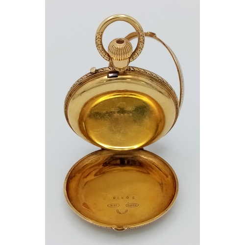 58 - AN 18K GOLD ANTIQUE LADIES POCKET WATCH WITH HAND CHASED ENGRAVED BACK AND DECORATIVE DIAL , GOOD WO... 