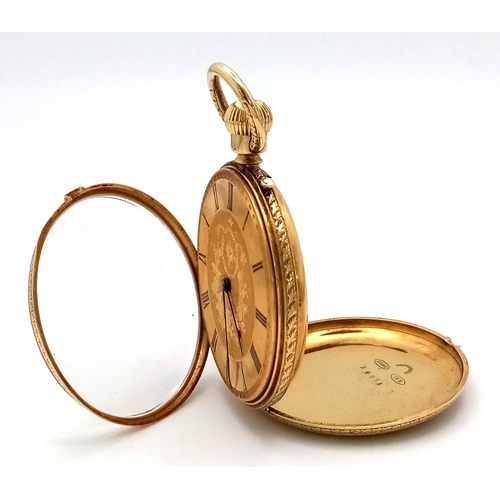 58 - AN 18K GOLD ANTIQUE LADIES POCKET WATCH WITH HAND CHASED ENGRAVED BACK AND DECORATIVE DIAL , GOOD WO... 