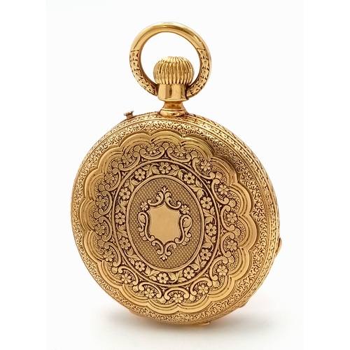 58 - AN 18K GOLD ANTIQUE LADIES POCKET WATCH WITH HAND CHASED ENGRAVED BACK AND DECORATIVE DIAL , GOOD WO... 