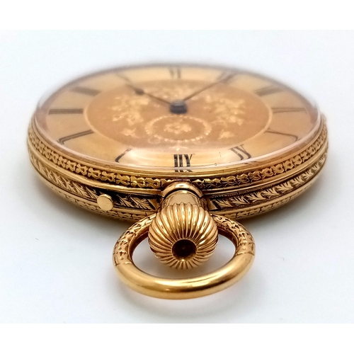 58 - AN 18K GOLD ANTIQUE LADIES POCKET WATCH WITH HAND CHASED ENGRAVED BACK AND DECORATIVE DIAL , GOOD WO... 