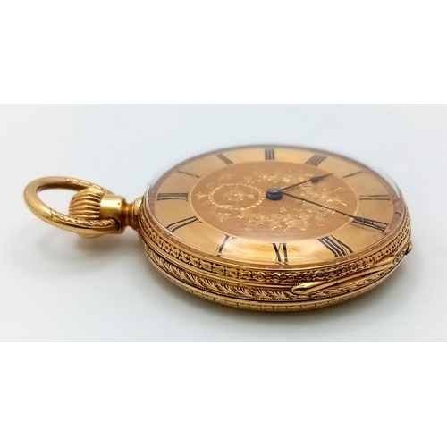 58 - AN 18K GOLD ANTIQUE LADIES POCKET WATCH WITH HAND CHASED ENGRAVED BACK AND DECORATIVE DIAL , GOOD WO... 