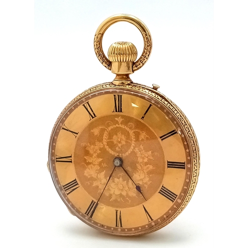 58 - AN 18K GOLD ANTIQUE LADIES POCKET WATCH WITH HAND CHASED ENGRAVED BACK AND DECORATIVE DIAL , GOOD WO... 