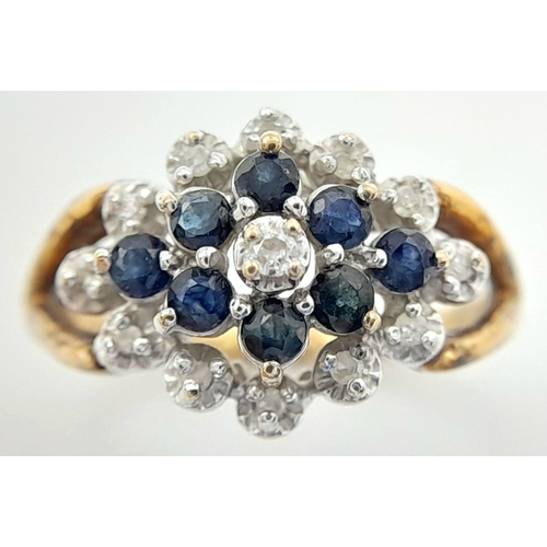 132 - Impressive 9 carat GOLD,DIAMOND and SAPPHIRE CLUSTER RING. Full UK hallmark. Complete with ring box.... 