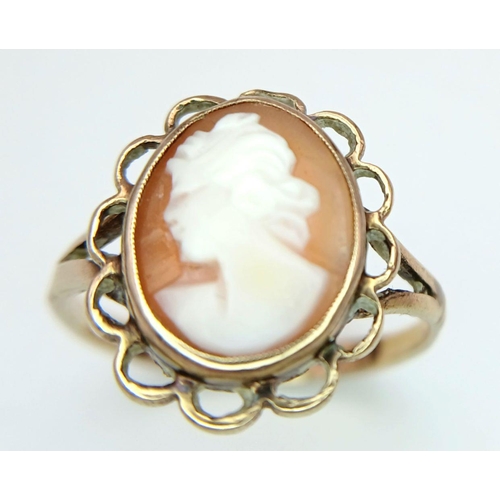 160 - Vintage 9 carat gold CAMEO RING. Nice cameo set to centre with 9 ct looped GOLD surround. Fully hall... 