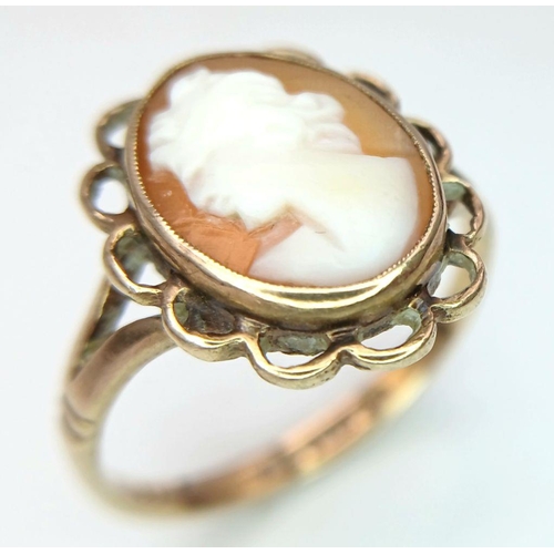 160 - Vintage 9 carat gold CAMEO RING. Nice cameo set to centre with 9 ct looped GOLD surround. Fully hall... 