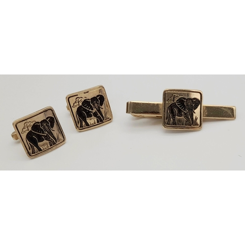 181 - Rare vintage 14 carat Gold plated ELEPHANT Cuff links and tie clip set. Excellent condition.