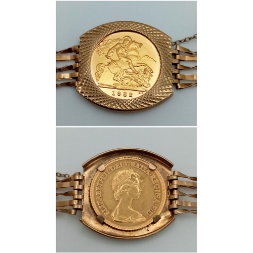 204 - A 22K Gold, Elizabeth II 1982 Half Sovereign, Gate Bracelet. Bracelet is 9k gold. 17cm. 10.5g total ... 