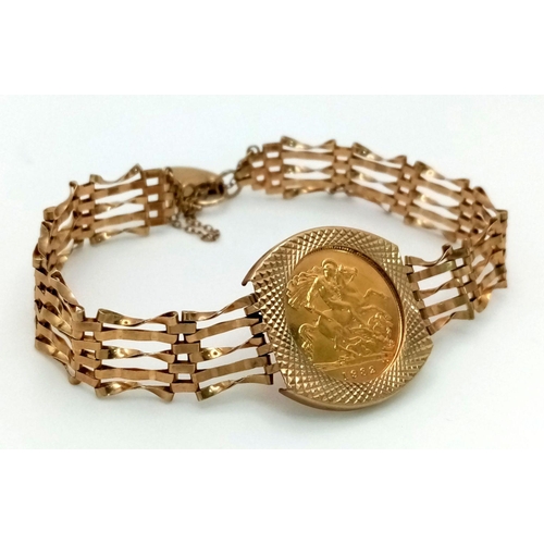 204 - A 22K Gold, Elizabeth II 1982 Half Sovereign, Gate Bracelet. Bracelet is 9k gold. 17cm. 10.5g total ... 