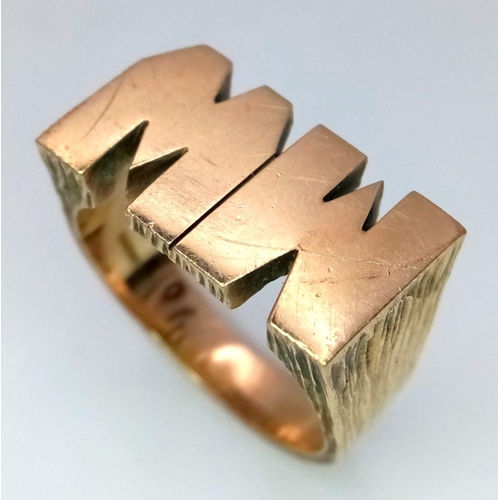 218 - A 9K Chunky Initialled Gents Ring. If you have the initials MW, it's your lucky day. Size Y. 13.2g w... 