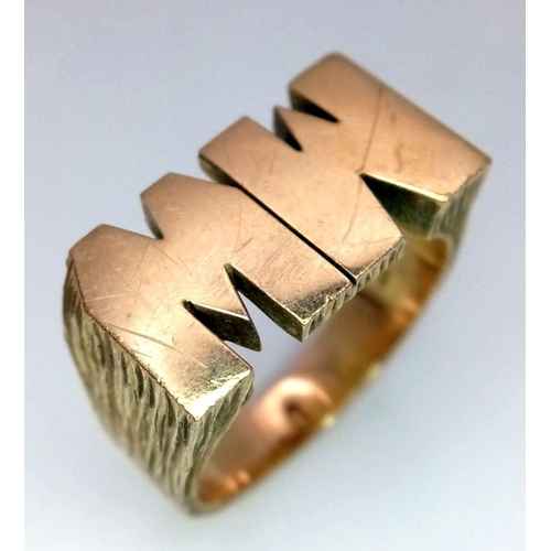 218 - A 9K Chunky Initialled Gents Ring. If you have the initials MW, it's your lucky day. Size Y. 13.2g w... 