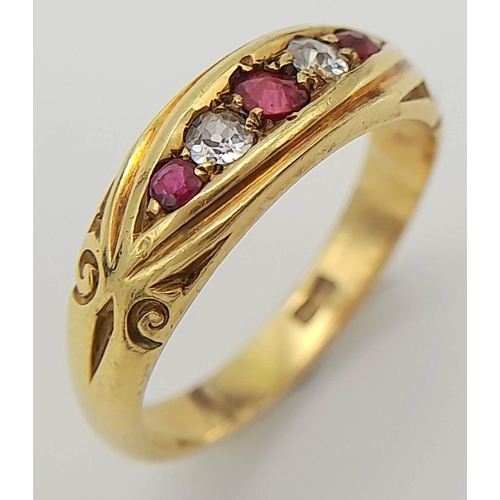 56 - Antique 18 carat GOLD, DIAMOND & RUBY RING. 3.8 grams. Size J 1/2 - K.