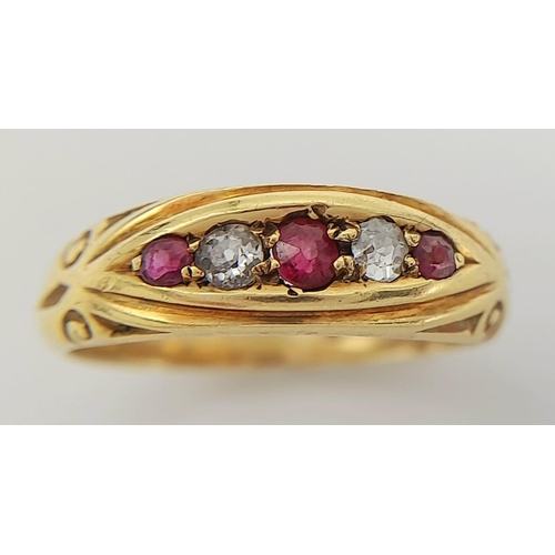 56 - Antique 18 carat GOLD, DIAMOND & RUBY RING. 3.8 grams. Size J 1/2 - K.