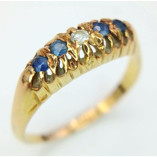 70 - Antique hallmarked 18 carat GOLD, DIAMOND & SAPPHIRE RING. Complete with ring box. 2.2 grams. Size L... 