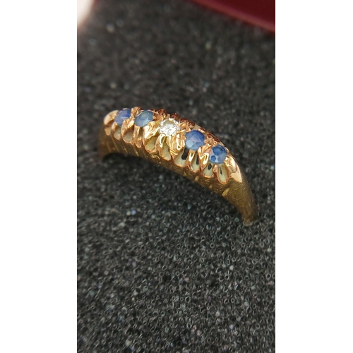 70 - Antique hallmarked 18 carat GOLD, DIAMOND & SAPPHIRE RING. Complete with ring box. 2.2 grams. Size L... 