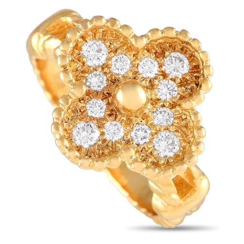 190 - Van Cleef & Arpels Vintage Alhambra 18K Yellow Gold 0.48ct Diamond Ring. It features a solid 18K yel... 