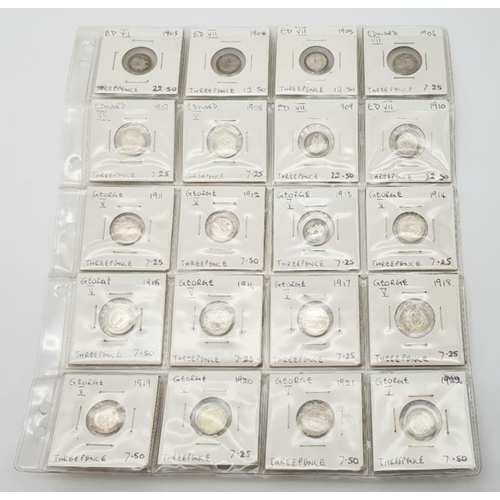 609 - A sheet of 20 consecutive SILVER THREE PENCE PIECES. 1903 to 1922 Including all World War I years. M... 