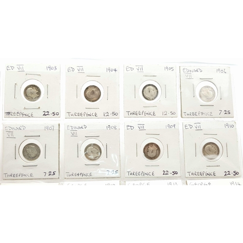 609 - A sheet of 20 consecutive SILVER THREE PENCE PIECES. 1903 to 1922 Including all World War I years. M... 