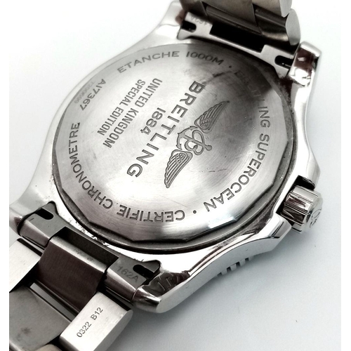 192 - A Breitling SuperOcean Automatic Gents Watch. Stainless steel bracelet and case - 44mm. Blue dial wi... 