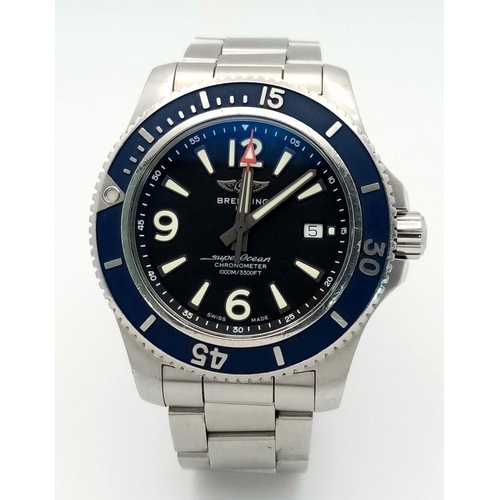 192 - A Breitling SuperOcean Automatic Gents Watch. Stainless steel bracelet and case - 44mm. Blue dial wi... 