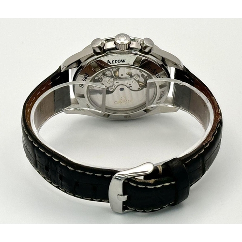 185 - An Omega Speedmaster Broad Arrow Automatic Chronograph Gents Watch. Black leather strap. Stainless s... 