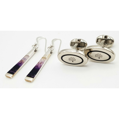 1680 - A Pair of Mulberry Cufflinks and a Pair of Amethyst Drop Earrings. 4cm drop.