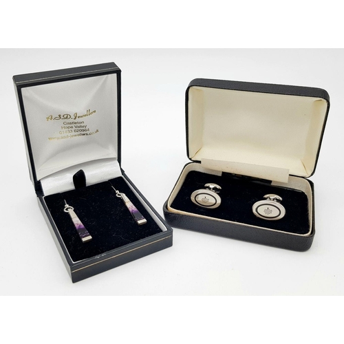 1680 - A Pair of Mulberry Cufflinks and a Pair of Amethyst Drop Earrings. 4cm drop.