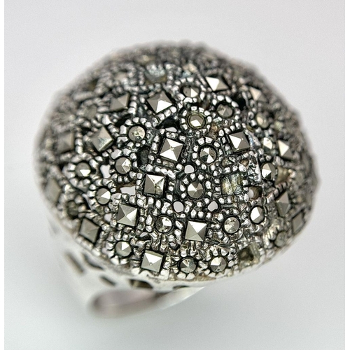 1681 - Two 925 Silver Decorative Marcasite Rings. Bulbous pave and hearts of plenty. Both size O.