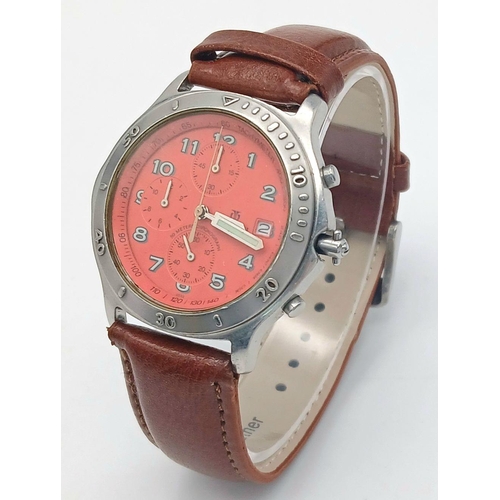 1682 - A Titan Quartz Chronograph Gents Watch. Brown leather strap. Stainless steel case - 39mm. Red dial w... 