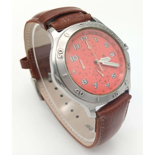 1682 - A Titan Quartz Chronograph Gents Watch. Brown leather strap. Stainless steel case - 39mm. Red dial w... 