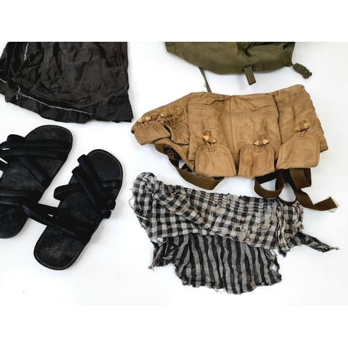 349 - Vietnam War Era Vietcong Back Pack containing a conical hat, Guerrilla Scarf, Ho Chi Minh Tyre Sanda... 