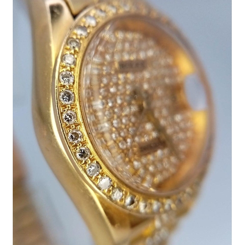 302 - A stunning 18 K yellow gold, ladies ROLEX watch with pave diamonds on bezel, dial and bracelet, case... 