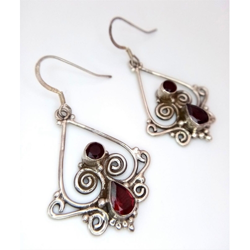 1177 - A Pair of Art Deco Style Garnet and Silver Earrings. 3.5cm